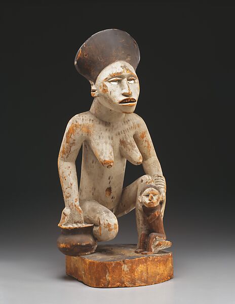 Ancestral Shrine Figure: Kneeling Female with Vessel and Seated Figure, Wood, pigment, glass, Kongo peoples; Yombe group