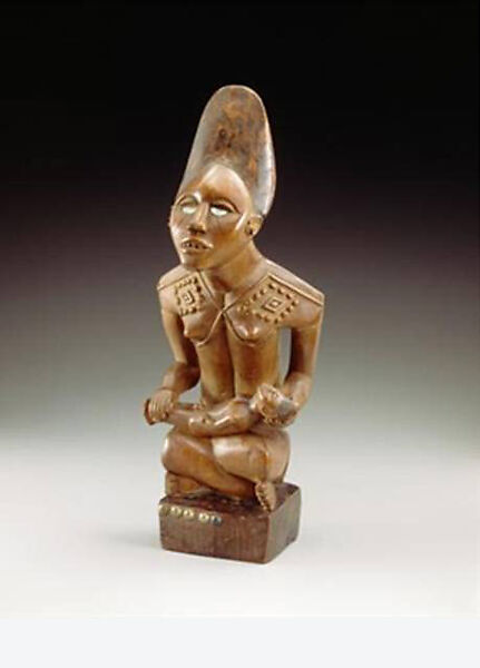 Figure: Seated Female Supporting Figure, Wood (Nauclea pobeguinii [Pobég. ex Pellegr.]), glass, brass tacks, Kongo peoples 