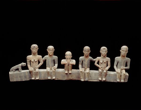 Kumbi Bed Panel: Six Seated Figures and Dog, Master of Kasadi Workshop, Adansonia digitata L. wood, pigments, Kongo peoples; Yombe group 