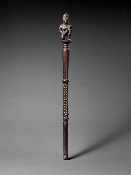 Staff: Finial with Female Figure Nursing Child, Wood, glass, metal tacks, Kongo peoples, Yombe group 