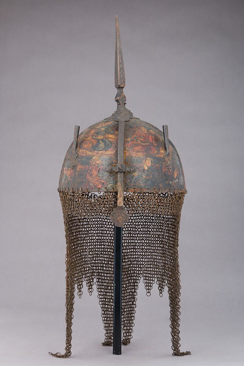 Helmet, Arm Guard, and Shield, Steel, pigment, lacquer, textile, Persian