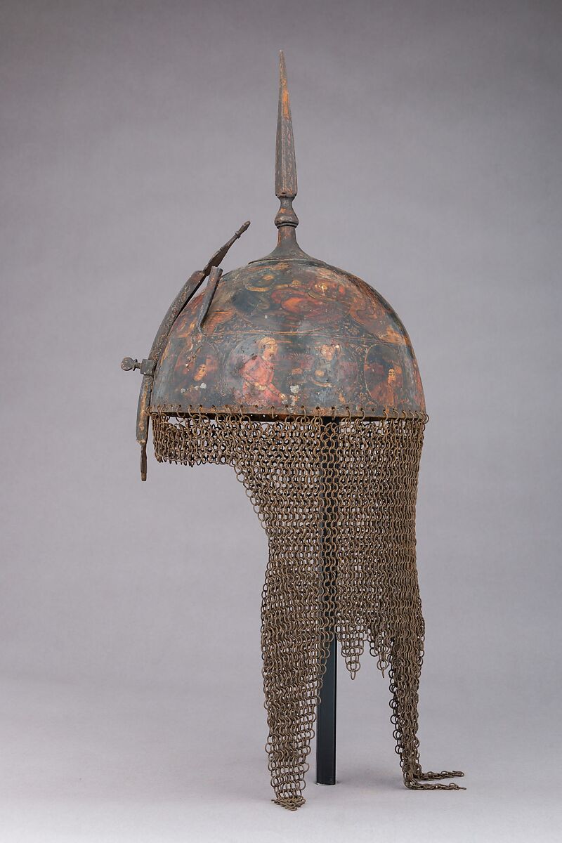 Helmet, Arm Guard, and Shield, Steel, pigment, lacquer, textile, Persian