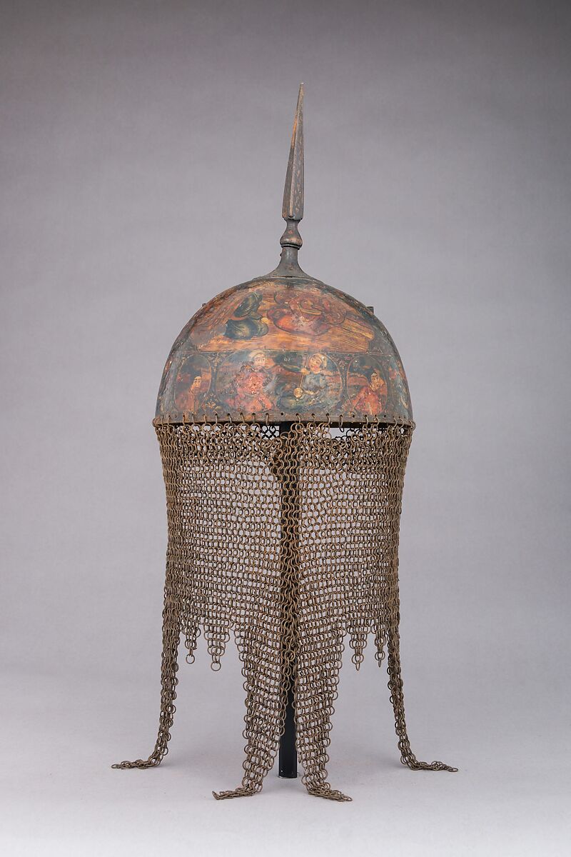 Helmet, Arm Guard, and Shield, Steel, pigment, lacquer, textile, Persian