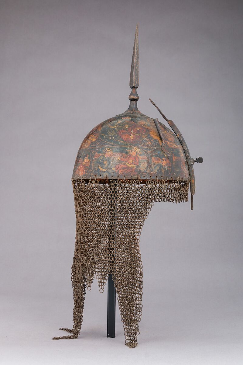 Helmet, Arm Guard, and Shield, Steel, pigment, lacquer, textile, Persian
