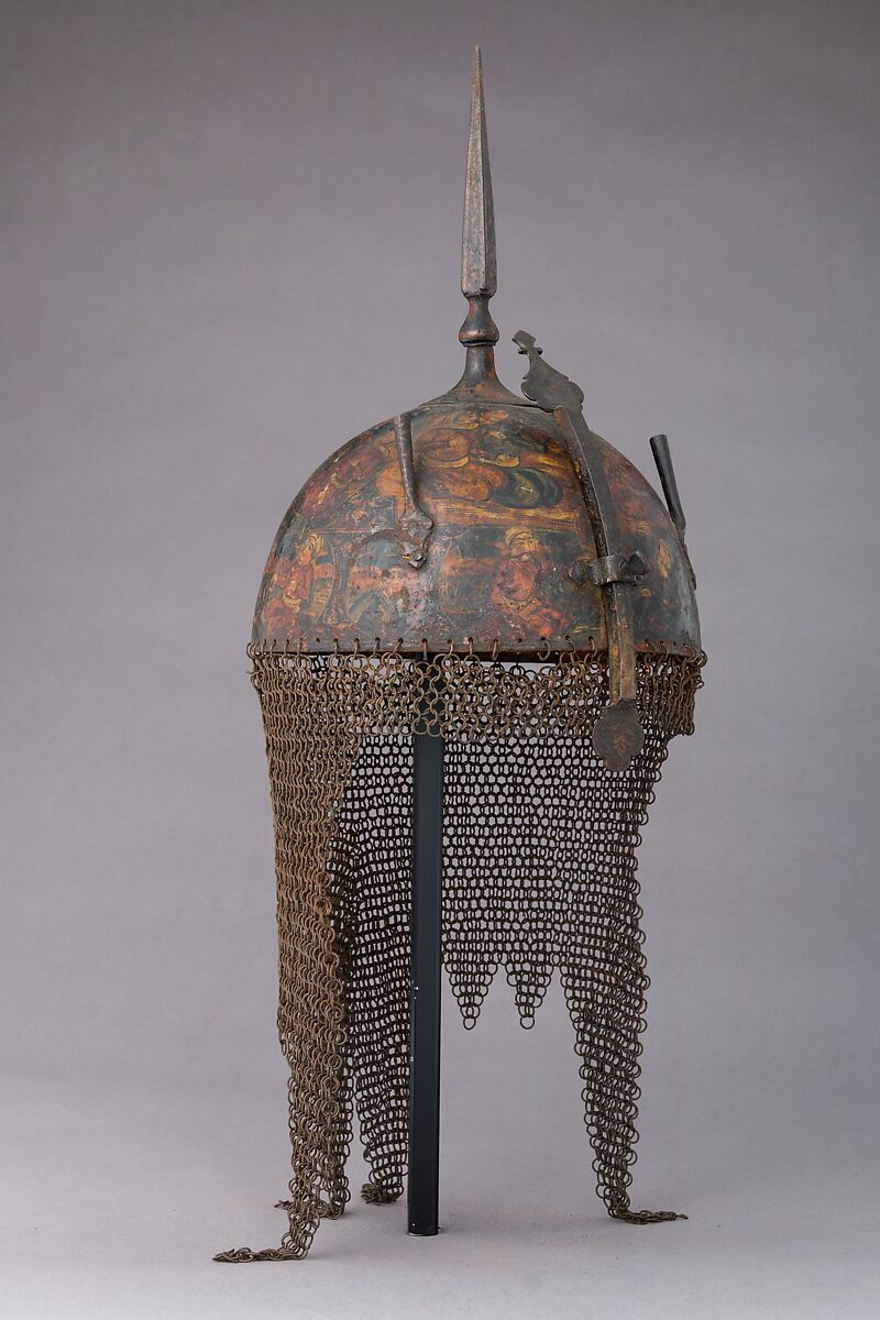 Helmet, Arm Guard, and Shield, Steel, pigment, lacquer, textile, Persian 