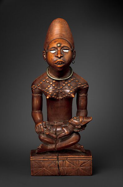 Figure: Seated Female Supporting Figure, Wood, metal, brass tacks, glass, Kongo peoples