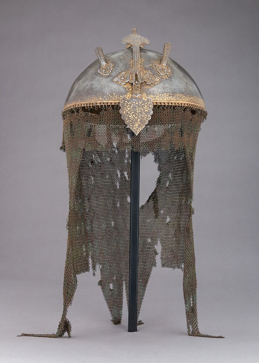Helmet, Cuirass, and Pair of Arm Defenses, Steel, gold, Persian