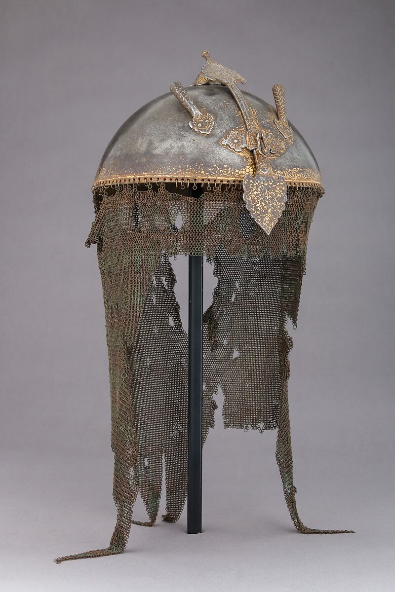 Helmet, Cuirass, and Pair of Arm Defenses, Steel, gold, Persian 