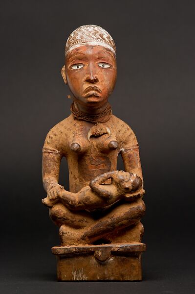 Figure: Seated Female with Child, Wood (Canarium schweinfurthii Engl.), plant  fiber, glass, leopard claw, kaolin, pigment, Kongo peoples; Yombe group