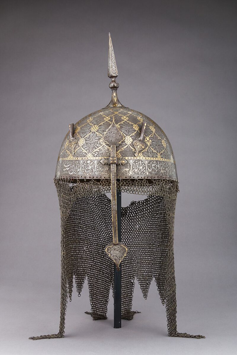 Helmet and Shield, Steel, gold, textile, silver, copper alloy, Persian