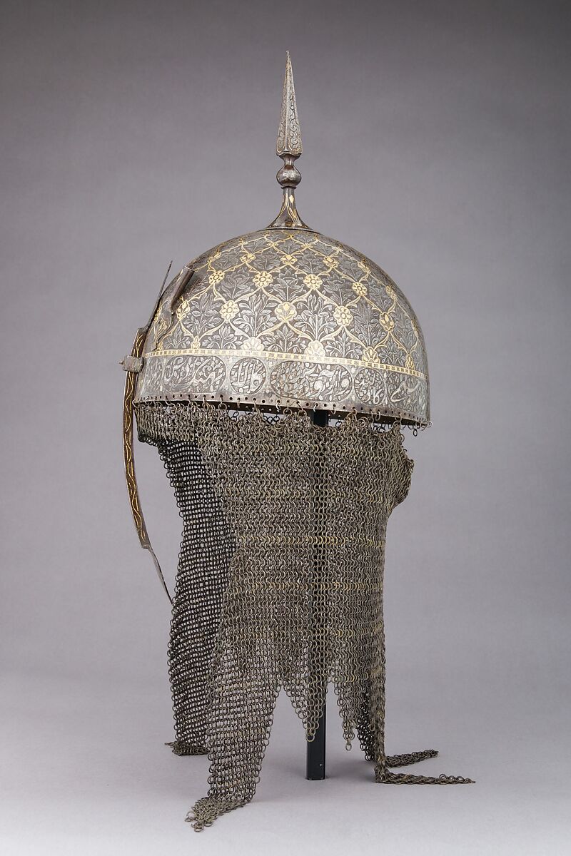 Helmet and Shield, Steel, gold, textile, silver, copper alloy, Persian