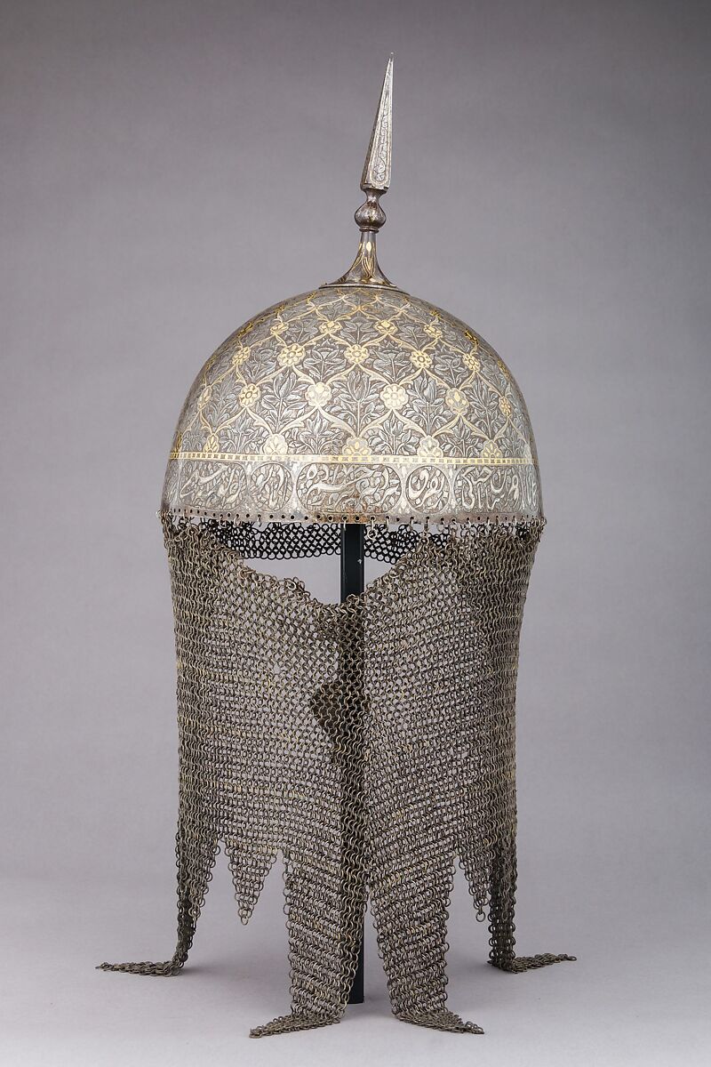 Helmet and Shield, Steel, gold, textile, silver, copper alloy, Persian