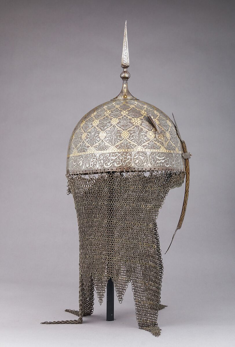 Helmet and Shield, Steel, gold, textile, silver, copper alloy, Persian