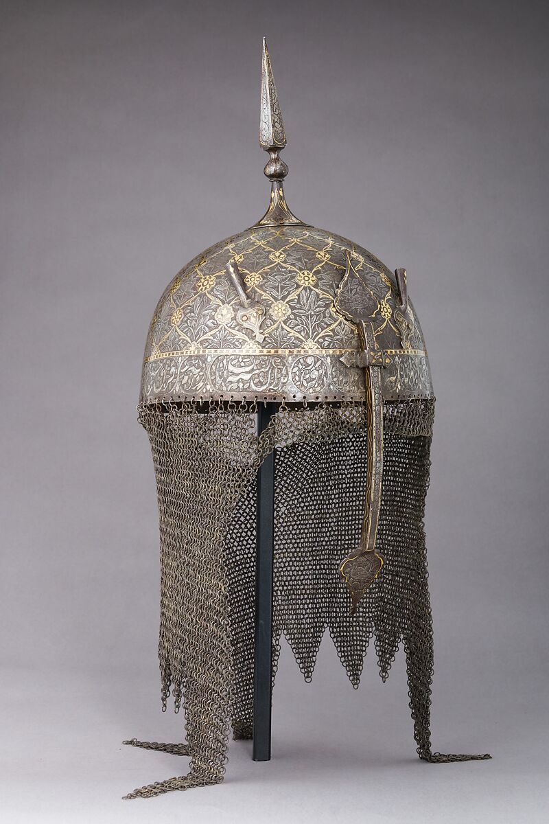 Helmet and Shield, Steel, gold, textile, silver, copper alloy, Persian 