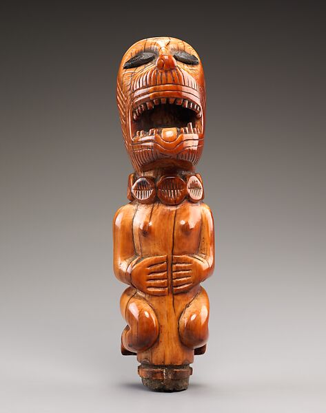 Staff Finial:Kneeling Figure with Feline Head, Ivory, stone, Kongo peoples 
