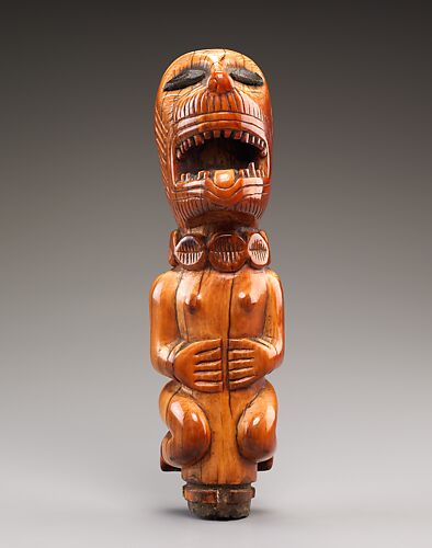 Staff Finial:Kneeling Figure with Feline Head
