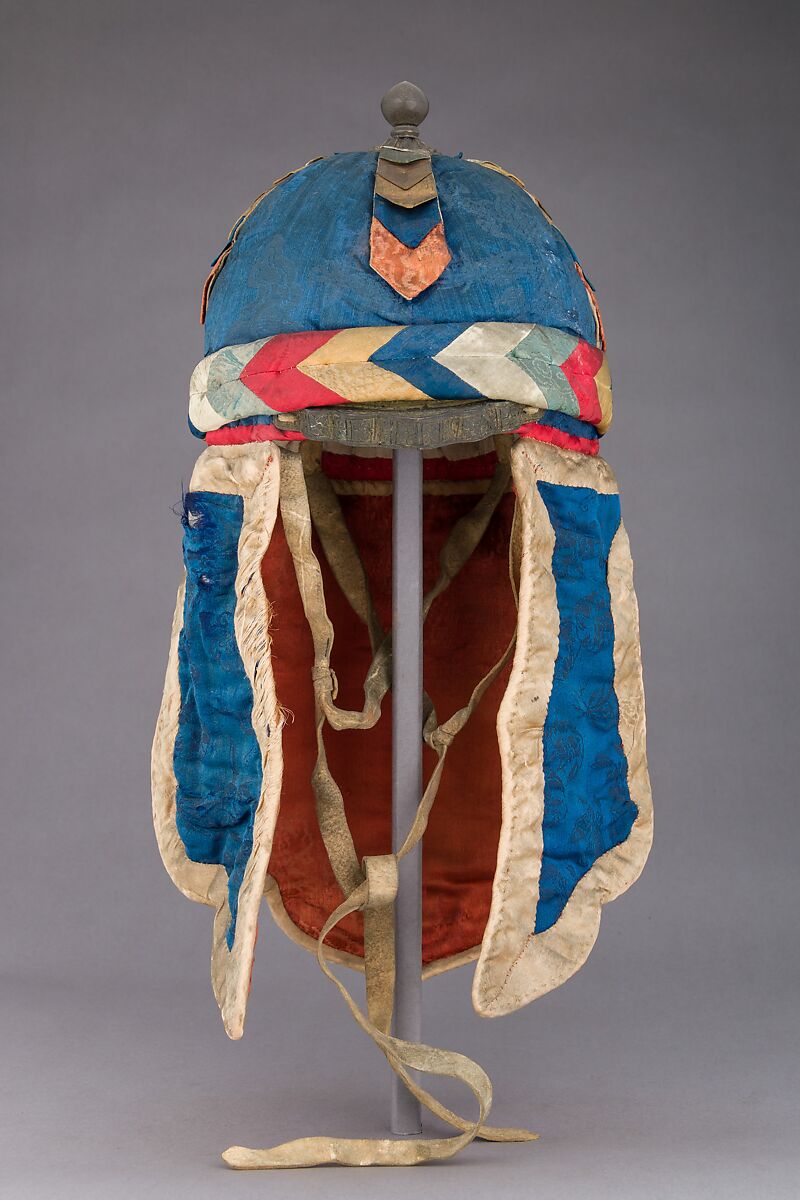 Helmet, Silk, brass, silver, Bhutanese or Indian, Sikkimese