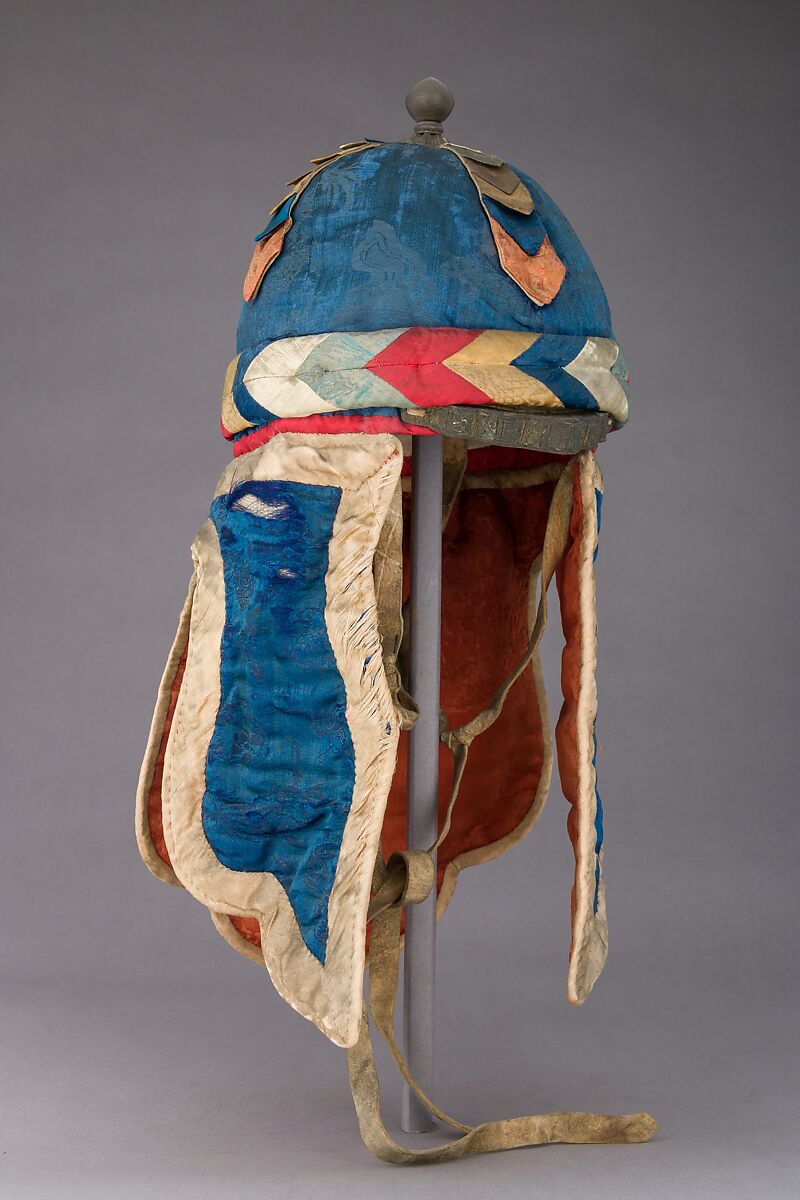 Helmet, Silk, brass, silver, Bhutanese or Indian, Sikkimese 