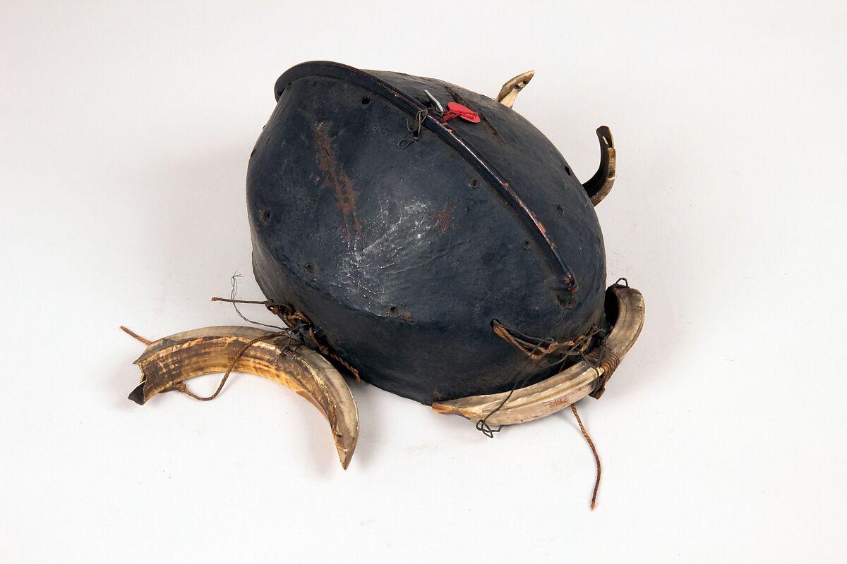 Helmet, Hide, cane, lacquer, ivory (boar), Singpho, Burma 