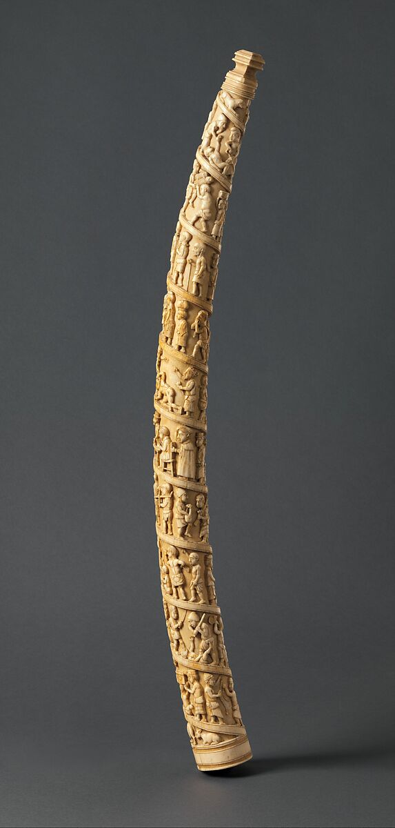 Tusk with figurative relief, Kongo artist, Ivory, Kongo, Vili group 