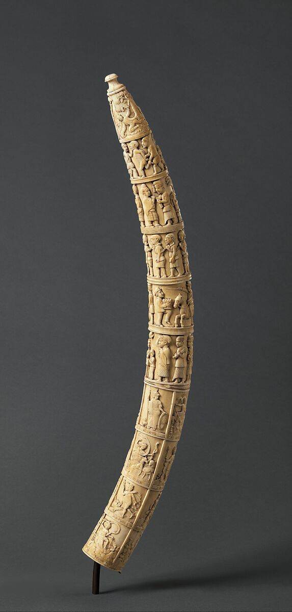 Tusk with Figurative Relief, Kongo artist, Ivory, Kongo, Vili group 