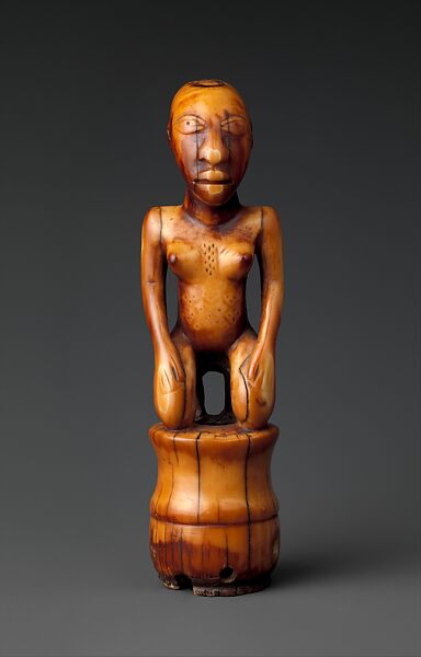 Staff Finial: Kneeling Female Figure, Master of Makaya-Vista, Ivory, Kongo peoples; Woyo group