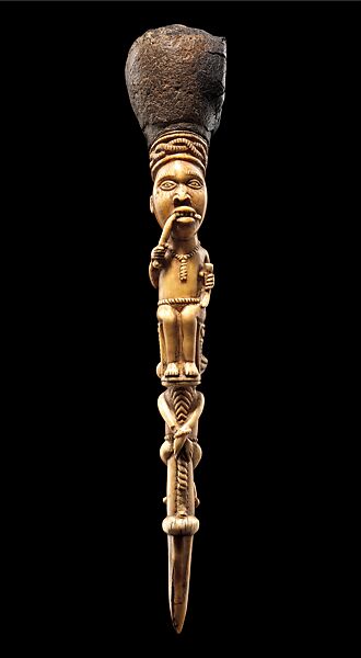 Scepter: Seated Chief above Bound Prisoner (Nkisi), Ivory, resin, Kongo peoples 