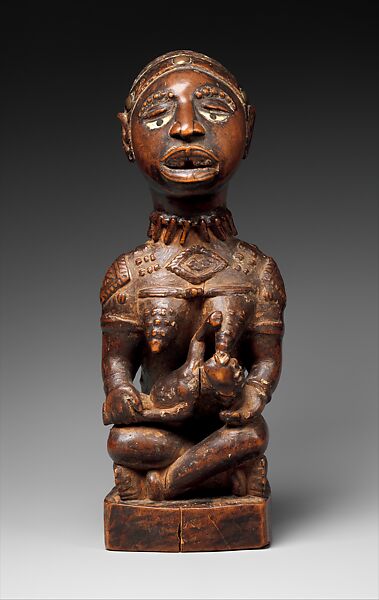 Figure: Seated Female Nursing Child, Wood, glass, metal, Kongo peoples; Yombe group