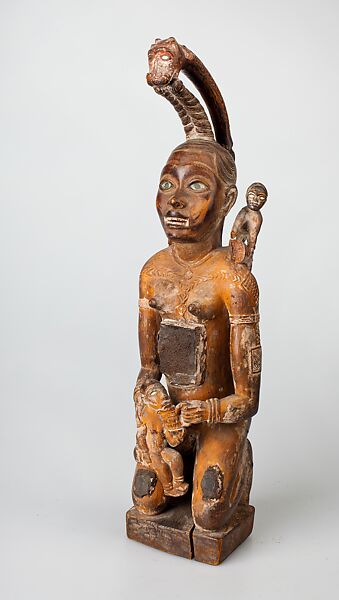 Power Figure: Kneeling Female with Serpents and Secondary Figures (Nkisi), Wood, mirrored glass, resin, pigment, Kongo peoples; Vili group