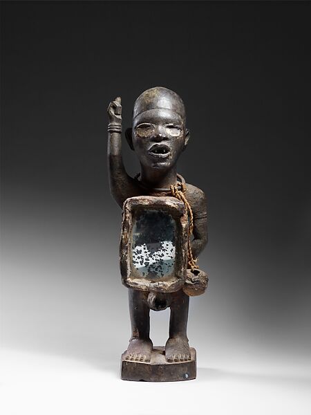 Power Figure: Standing Male with Raised Arm (Nkisi), Master of Kasadi Workshop, Wood, metal, mirrored glass, resin, Kongo peoples; Yombe group