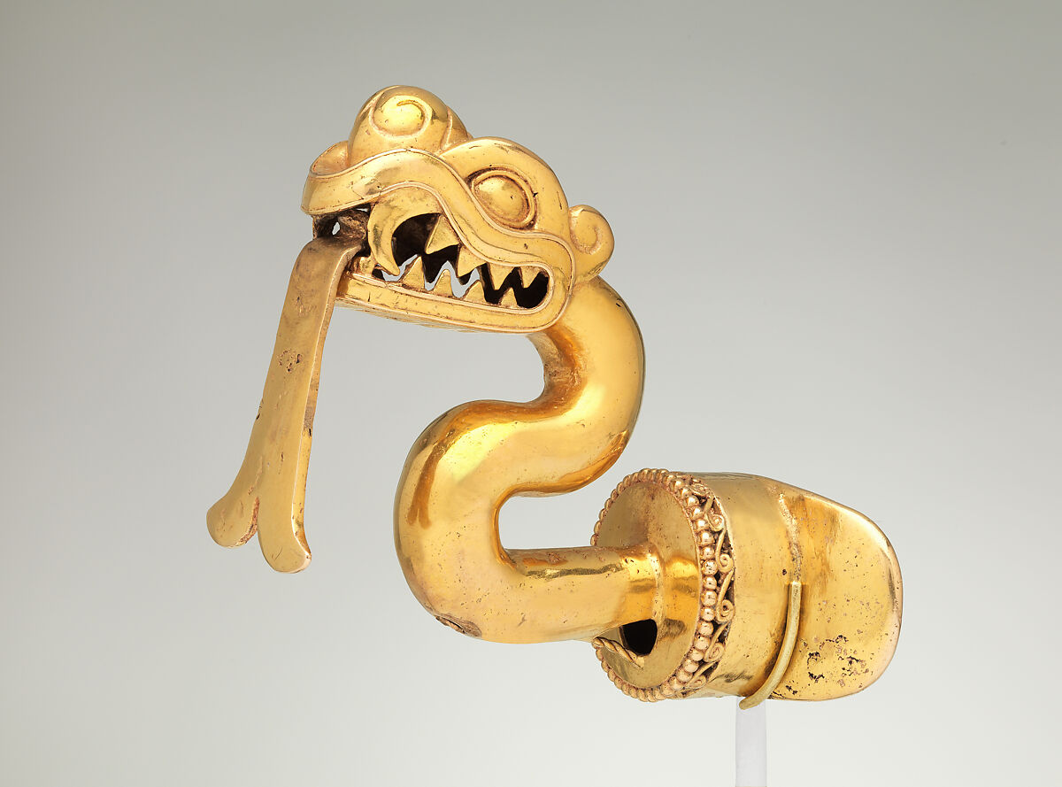 Serpent labret with articulated tongue, Mexica artist(s), Gold, Mexica