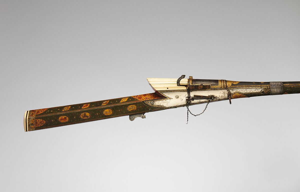 Matchlock Gun, Steel, iron, wood, ivory, gold, silver, copper alloy, pigment, Indian, Rajasthan, possibly Gwalior