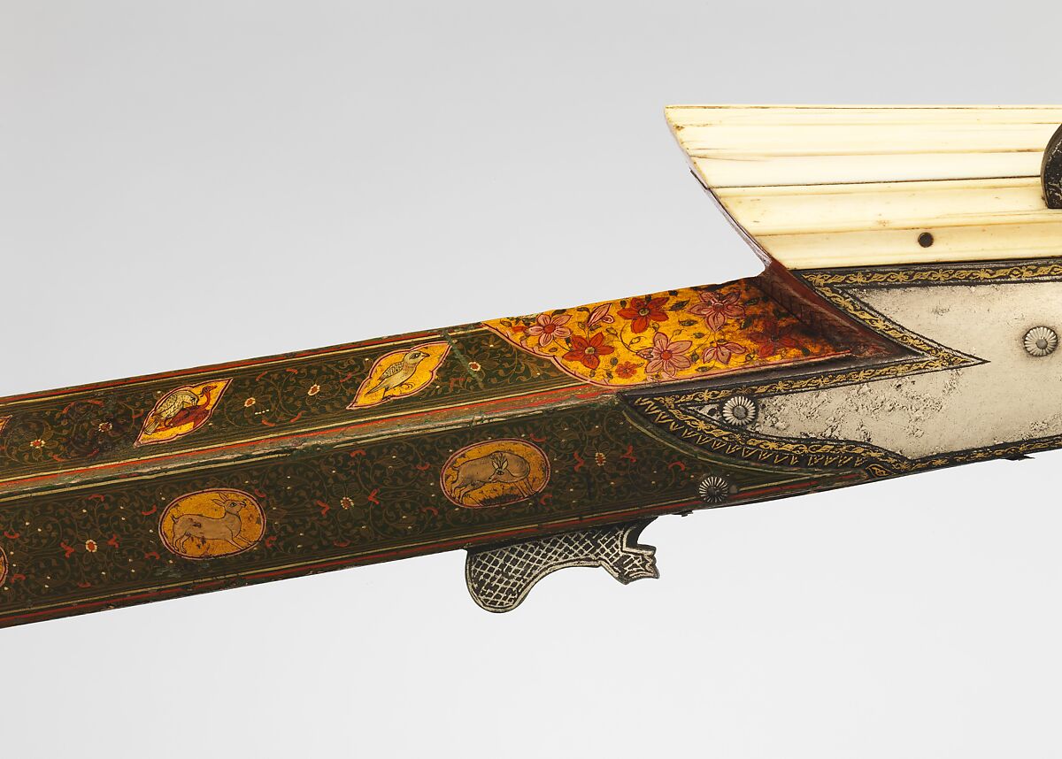 Matchlock Gun, Steel, iron, wood, ivory, gold, silver, copper alloy, pigment, Indian, Rajasthan, possibly Gwalior