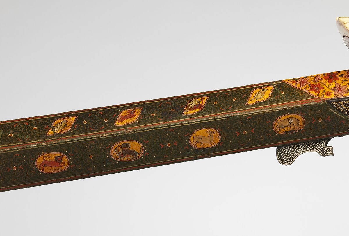 Matchlock Gun, Steel, iron, wood, ivory, gold, silver, copper alloy, pigment, Indian, Rajasthan, possibly Gwalior