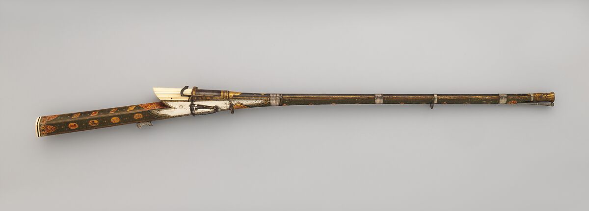 Matchlock Gun, Steel, iron, wood, ivory, gold, silver, copper alloy, pigment, Indian, Rajasthan, possibly Gwalior 