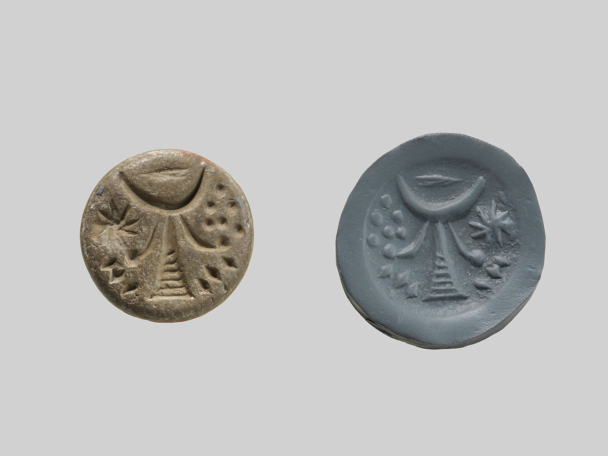 Stamp seal (button-shaped) with divine symbols, Glazed ceramic, Assyrian 