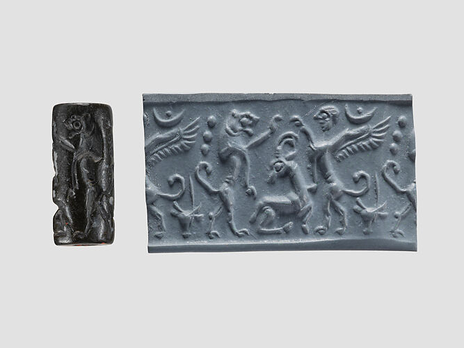 Cylinder seal and modern impression: lion and sphinx over an antelope