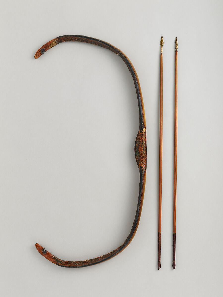 Composite Bow with Forty Arrows, Horn, wood, pigment, sinew, paper?, lacquer, gold, silver, ivory, iron, feather, silk, Turkish 