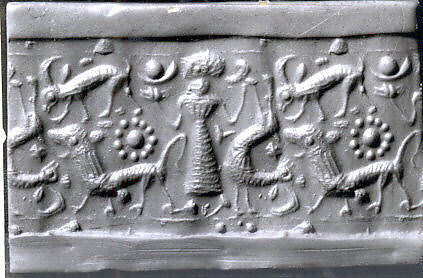Cylinder seal and modern impression: female figure, ibex, lion