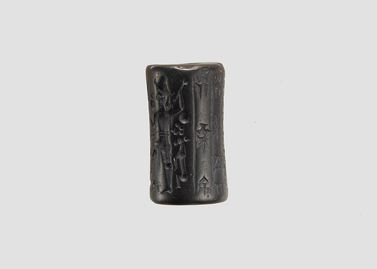 Cylinder seal and modern impression: god with mace and suppliant goddess, Hematite                                      , Mitanni