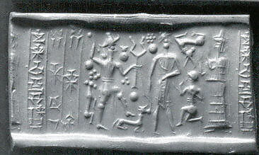 Cylinder seal and modern impression: god with mace and suppliant goddess, Hematite                                      , Mitanni 
