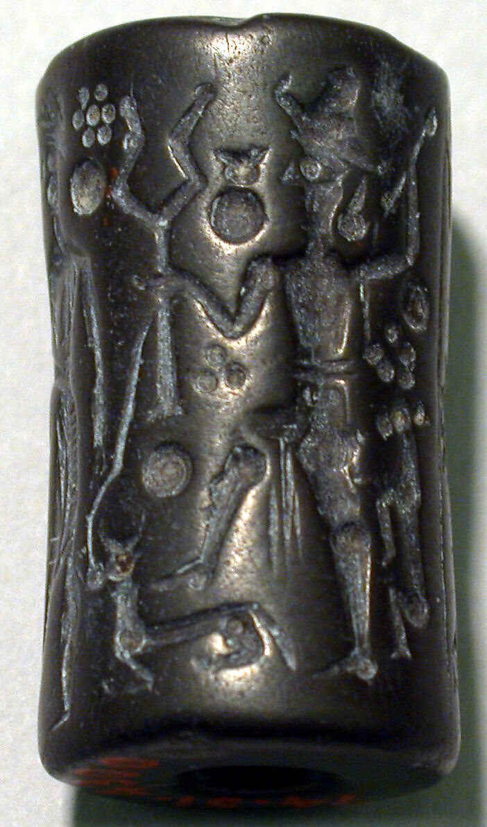 Cylinder seal and modern impression: god with mace and suppliant goddess, Hematite                                      , Mitanni