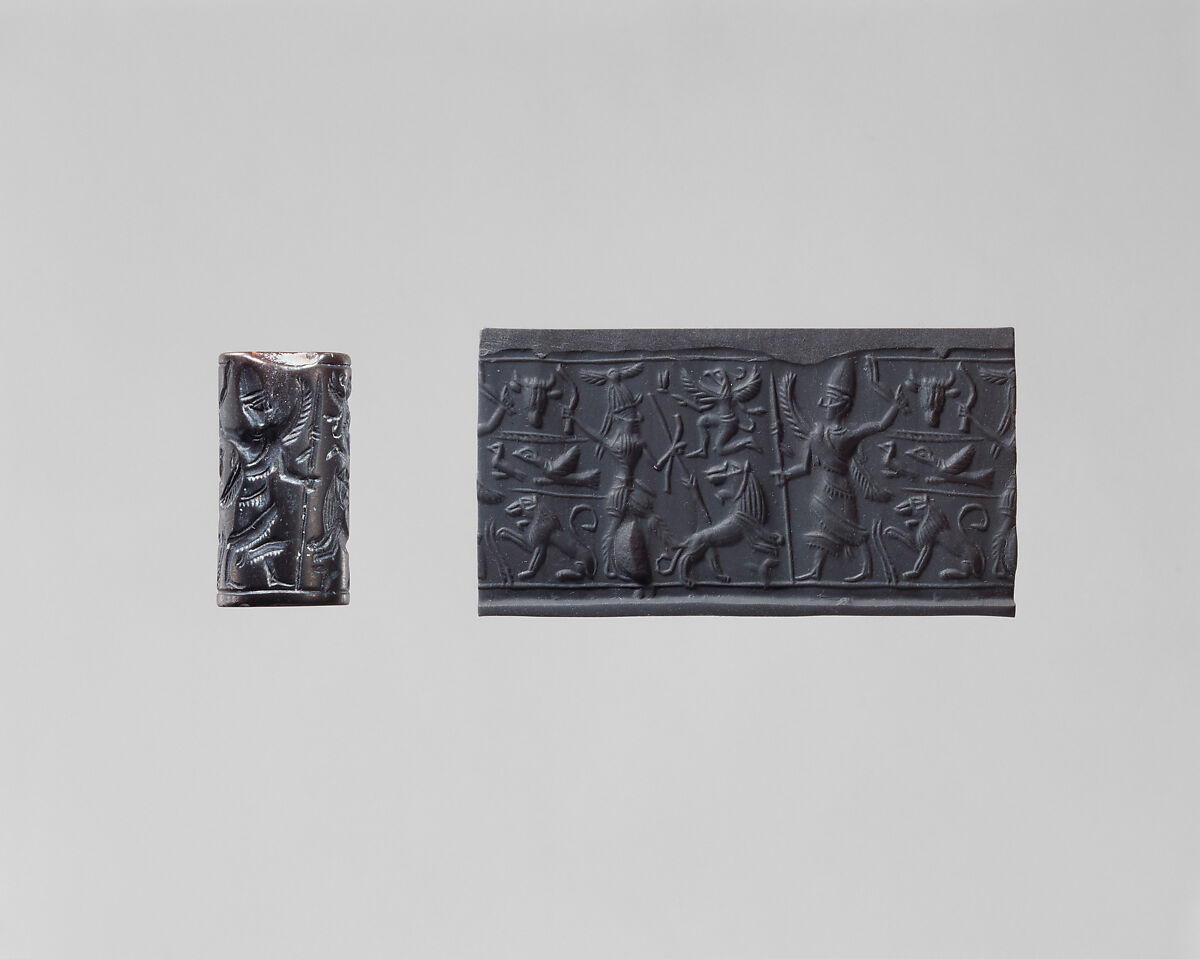 Cylinder seal and modern impression: hunter spearing a lion before deity with staff, Black hematite 