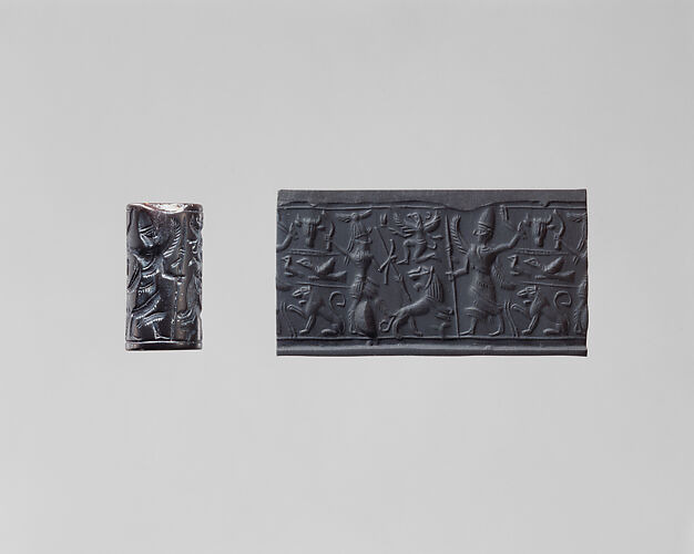 Cylinder seal and modern impression: hunter spearing a lion before deity with staff