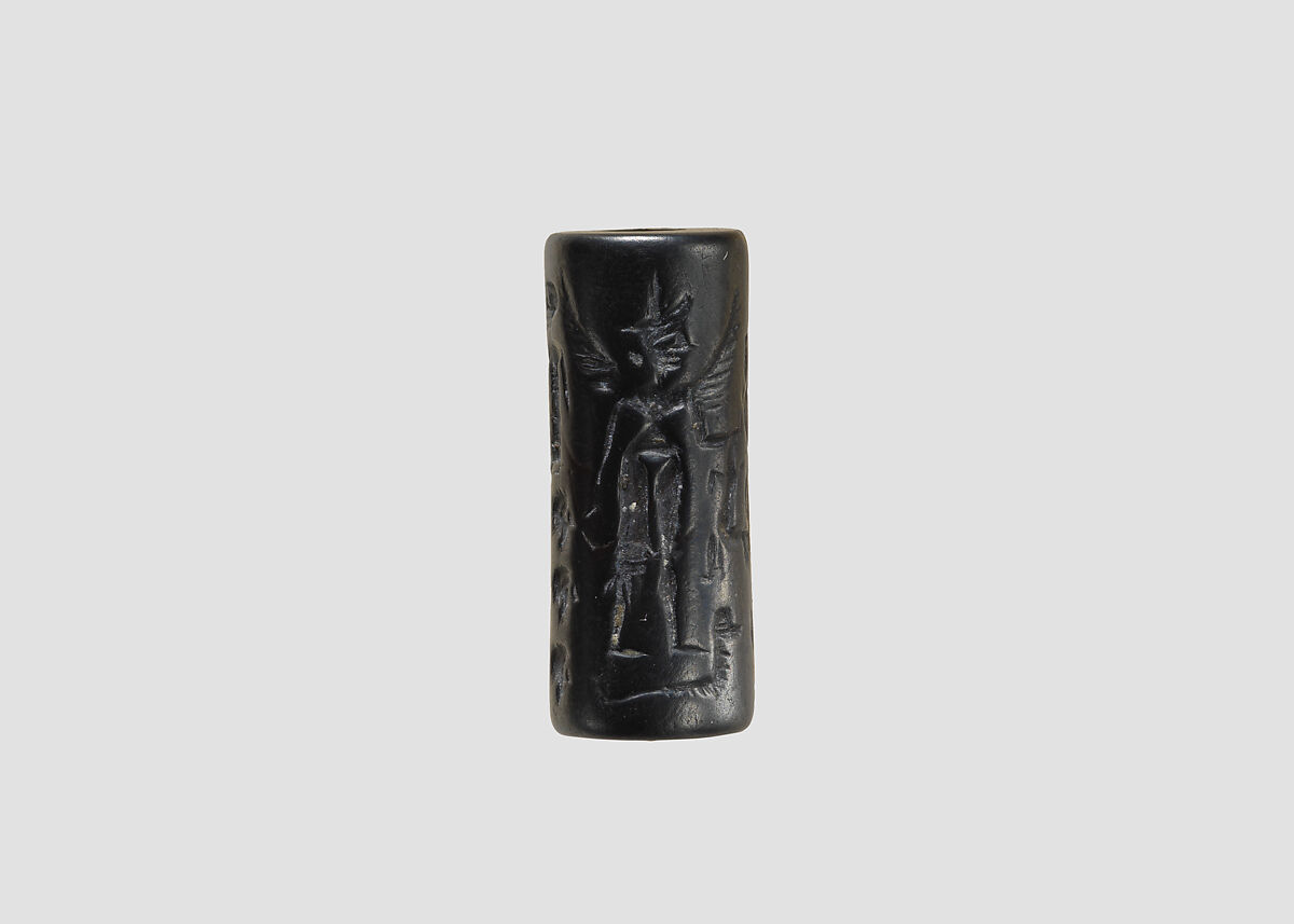 Cylinder seal and modern impression: king before nude winged goddess above snake; weather god on bull, Hematite, Cypriot