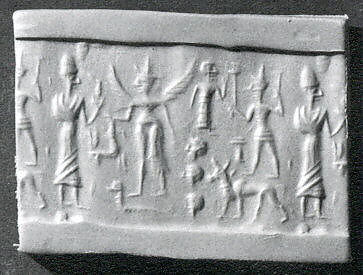 Cylinder seal and modern impression: king before nude winged goddess above snake; weather god on bull, Hematite, Cypriot 