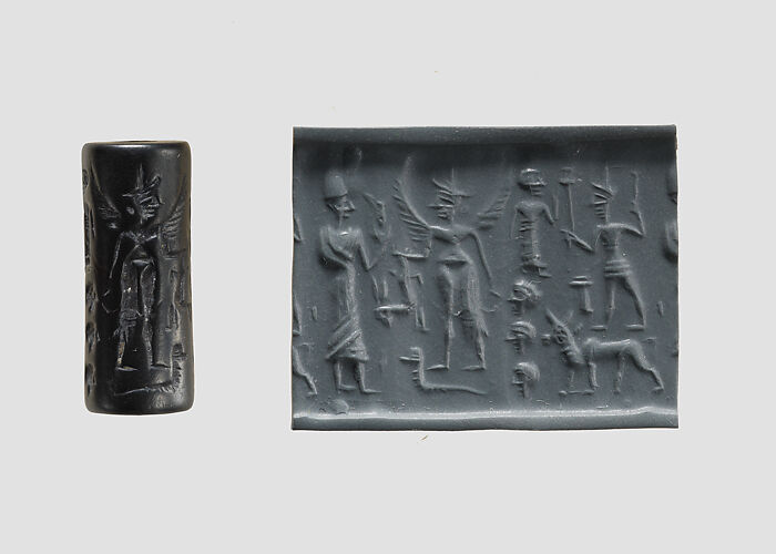 Cylinder seal and modern impression: king before nude winged goddess above snake; weather god on bull