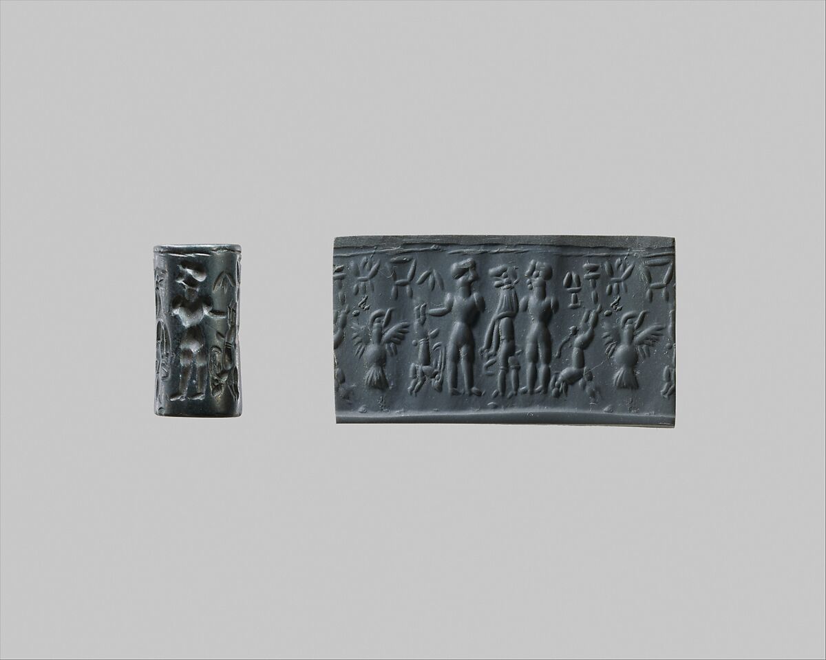 Cylinder seal and modern impression: combat between men and a lion, Black-grey hematite, Cypriot 