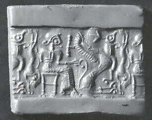 Cylinder seal and modern impression: seated figure holding the tail of a griffin, Black steatite, Cypriot 