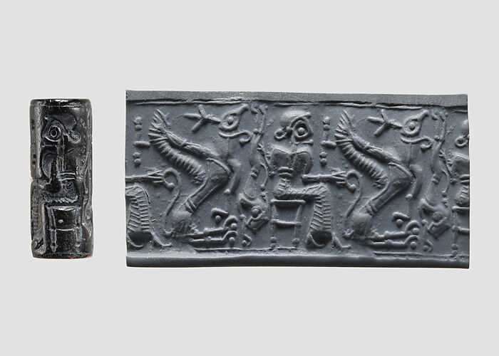 Cylinder seal and modern impression: seated figure holding the tail of a griffin